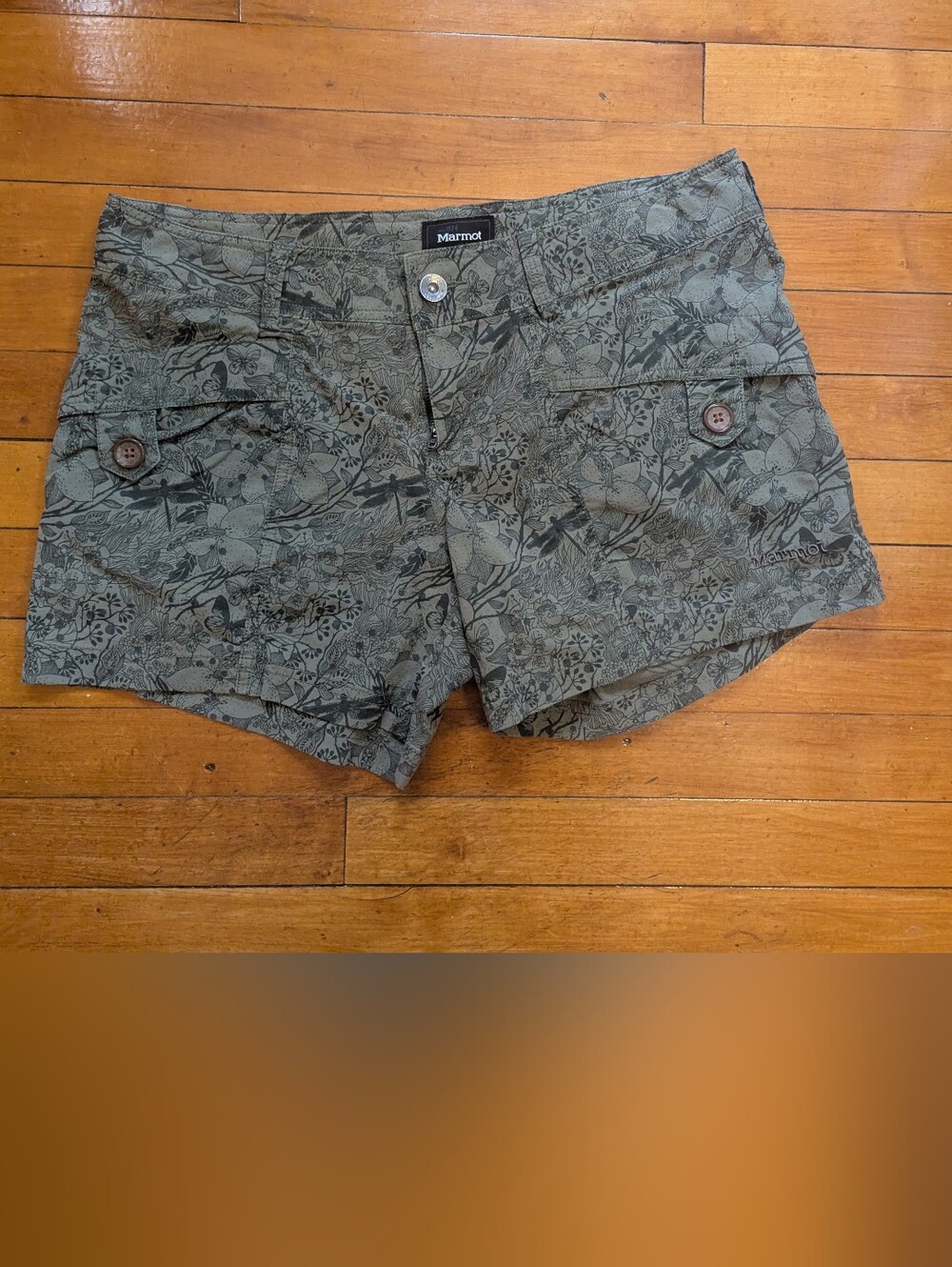 Marmot Ginny Hiking Shorts Sz 10 Army Olive Green Outdoor Nature Print Floral